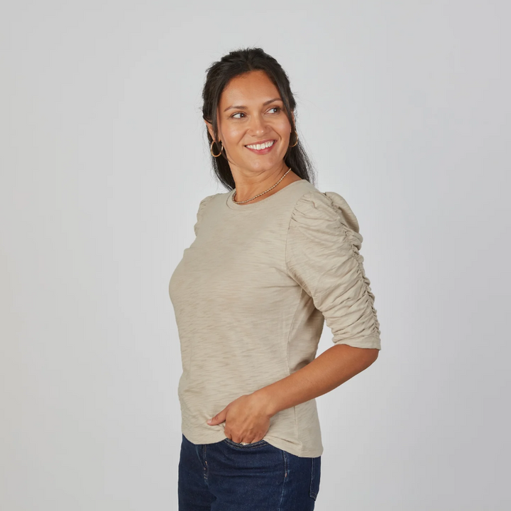 Sophie Ruched Elbow Length Tee, Washed Taupe