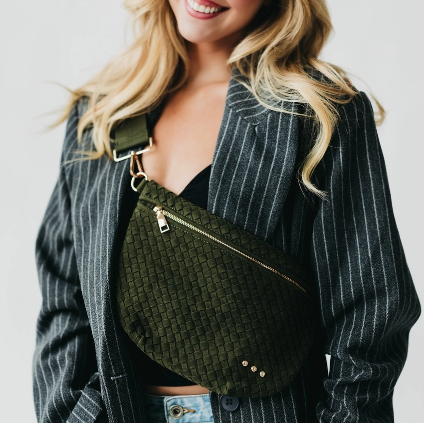 Suede Westlyn Woven Bum Bag, Olive