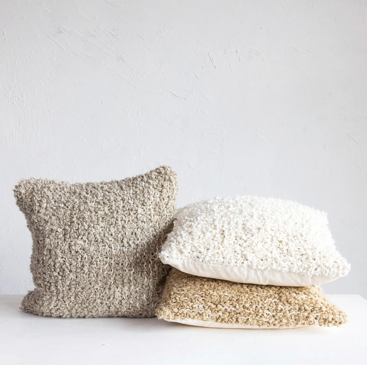 Woven Cotton Blend Bouclé Pillow, Tan