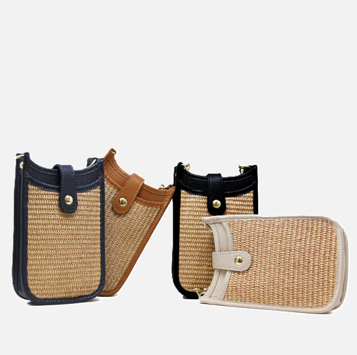 Leather & Straw Cellphone Crossbody Bag - 13 Hub Lane   |  Cellphone Crossbodies