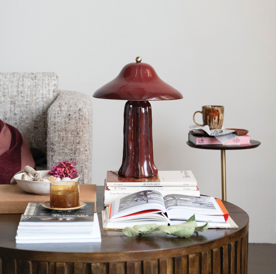 Stoneware Fluted Table Lamp, Burgundy