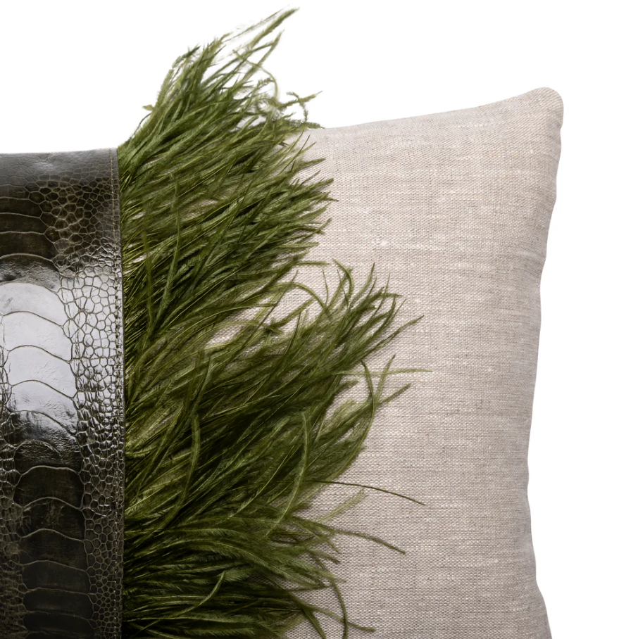 Ostrich Trim Linen Lumbar Pillow, Olive Natural - 13 Hub Lane   |  Ostrich Lumbars