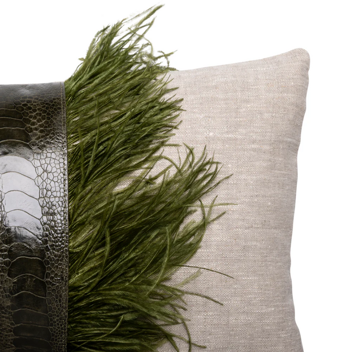 Ostrich Trim Linen Lumbar Pillow, Olive Natural - 13 Hub Lane   |  Ostrich Lumbars