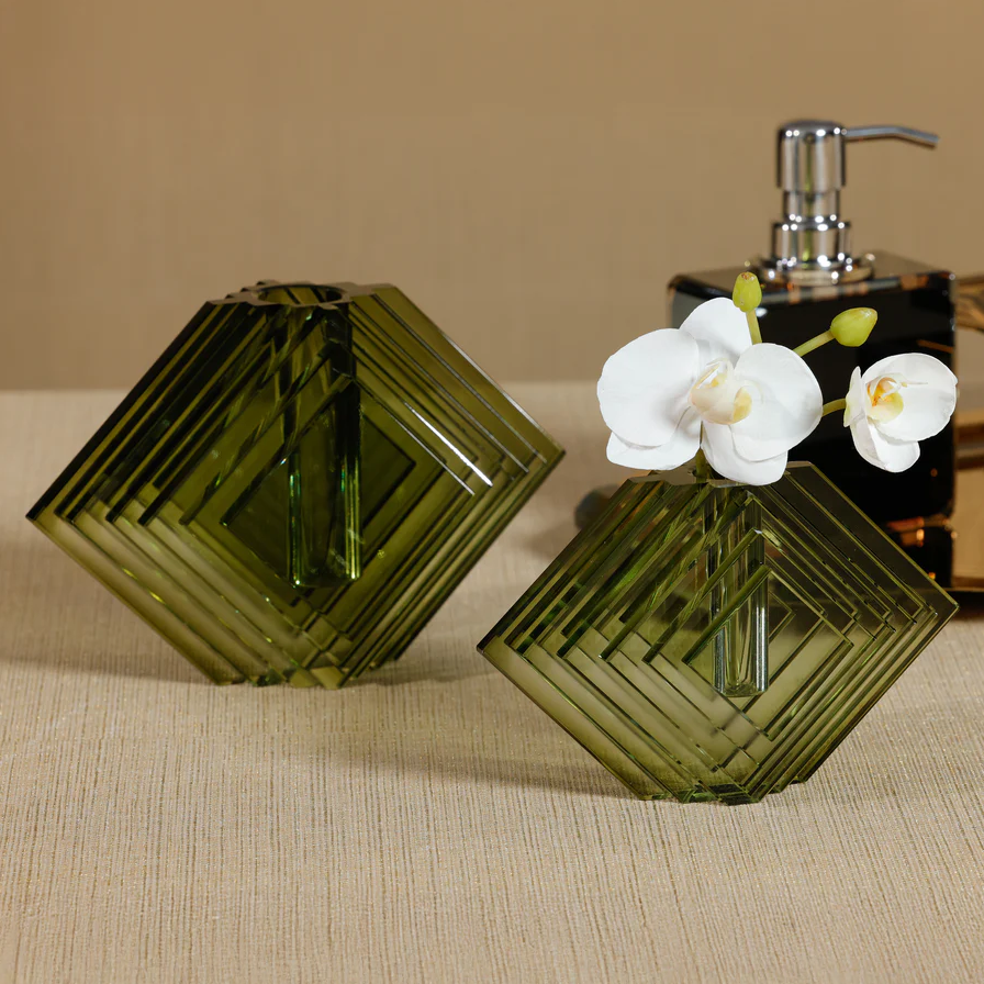 Stacked Concentric Diamond Motif Crystal Glass Vase - Thumbnail 3