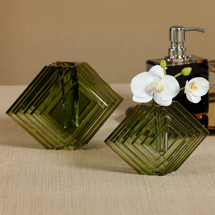 Stacked Concentric Diamond Motif Crystal Glass Vase, Green - 13 Hub Lane   |  Glass Vases