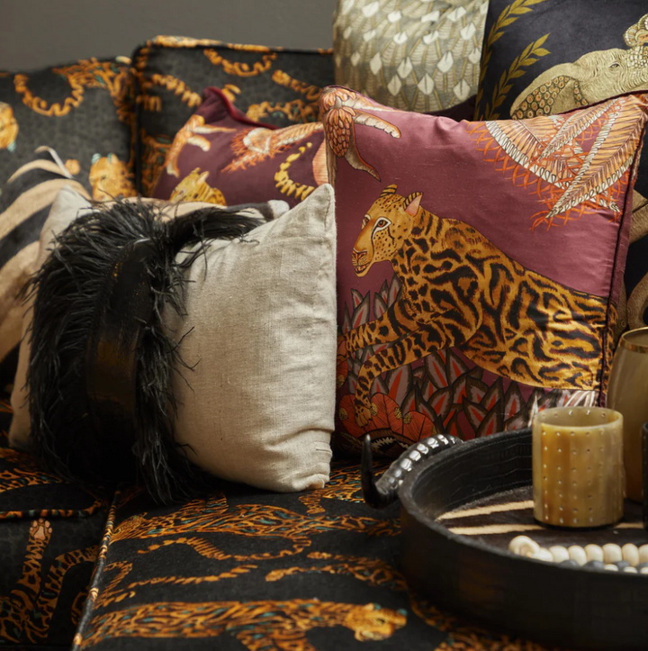 Ostrich Trim Linen Lumbar Pillow, Black Natural - 13 Hub Lane   |  Ostrich Lumbars