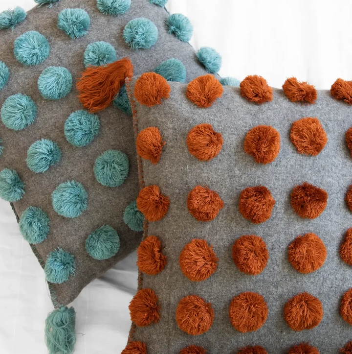Ula Pom Pom Pillow - Terracotta/Grey - 13 Hub Lane   |  Wool Pillows
