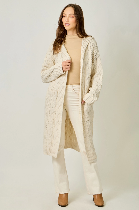 Open Long Hooded Cardigan, Almond