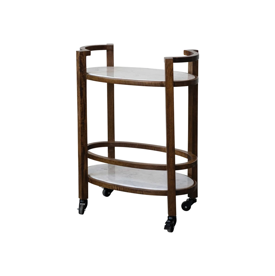 Mango Wood & Marble 2-Tier Bar Cart