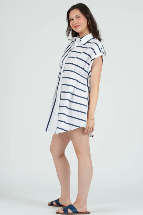 Long Sleeve Belted Dress, Navy Stripe