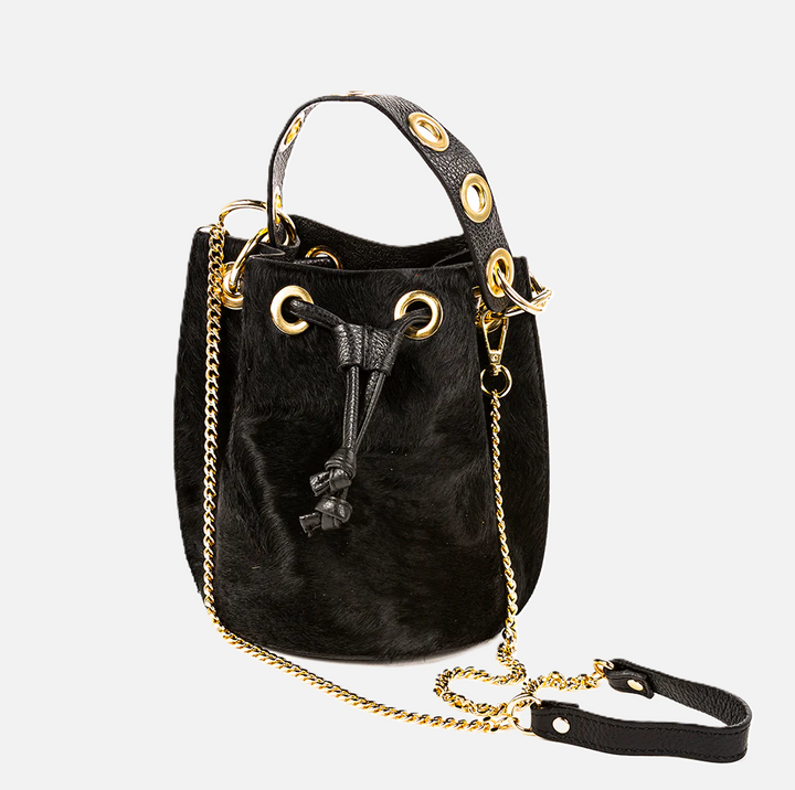 Italian Leather & Cowhide Bucket Bag, Black - 13 Hub Lane   |  Bucket Bags