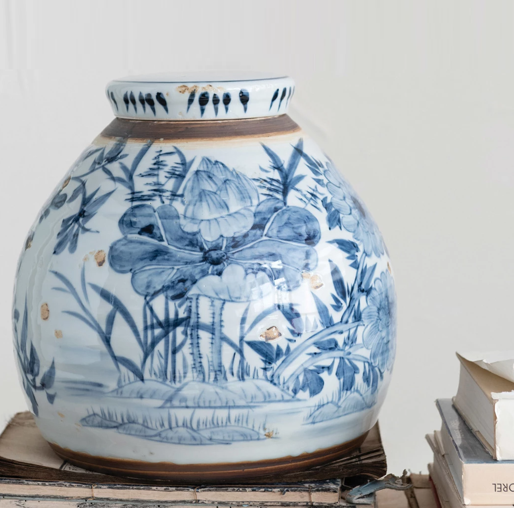 Hand-Painted Stoneware Ginger Jar w/ Lotus Flowers - Thumbnail 3