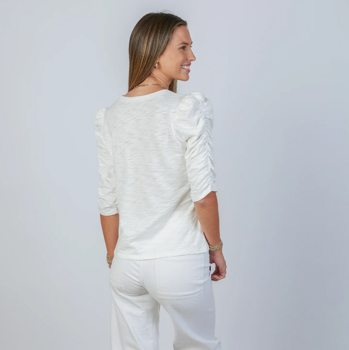 Sophie Ruched Elbow Length Tee, White - 13 Hub Lane   |  Long Sleeve Tees