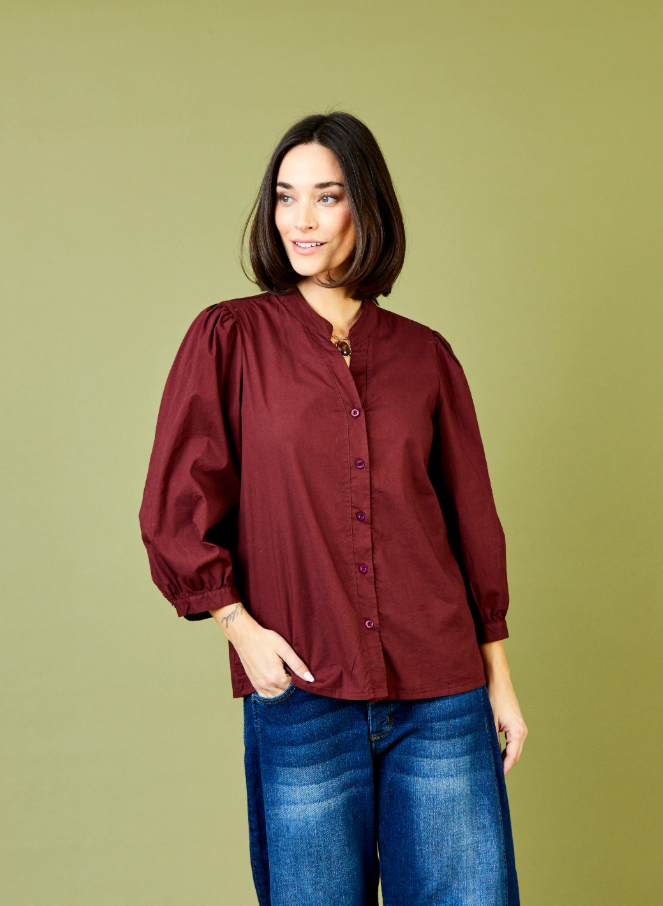 Esme Puff Sleeve Button-Up, Claret