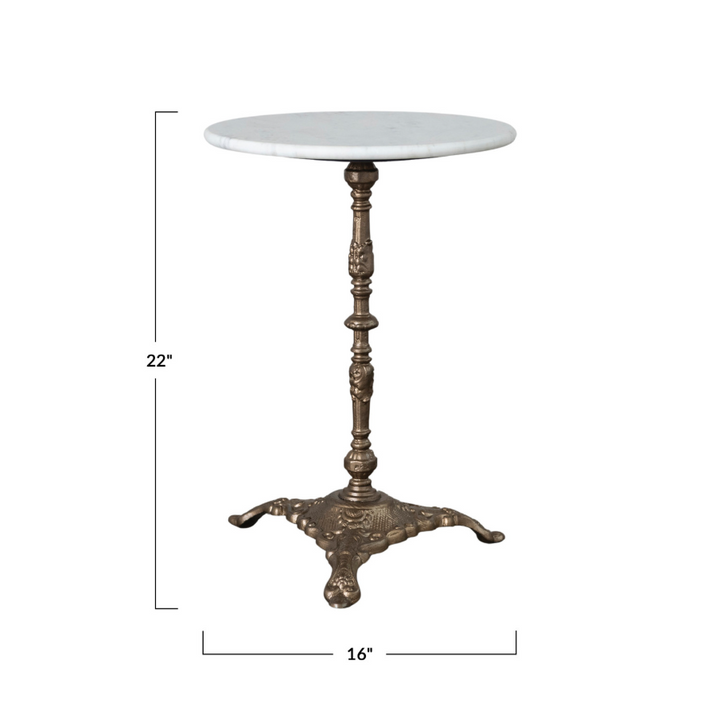 Marble Side Table w/ Embossed Metal Base, White & Gold
