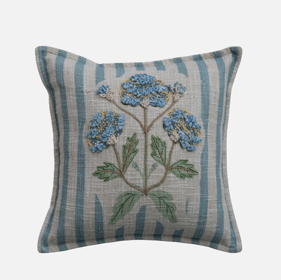 Hand-Embroidered Striped Pillow, Blue