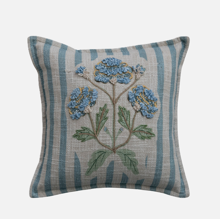 Hand-Embroidered Striped Pillow, Blue
