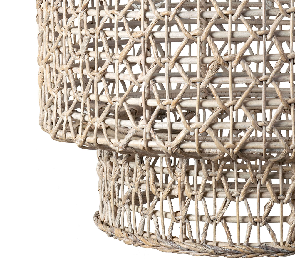 Double Barrel Hand Woven Natural Rope Chandelier, White Wash