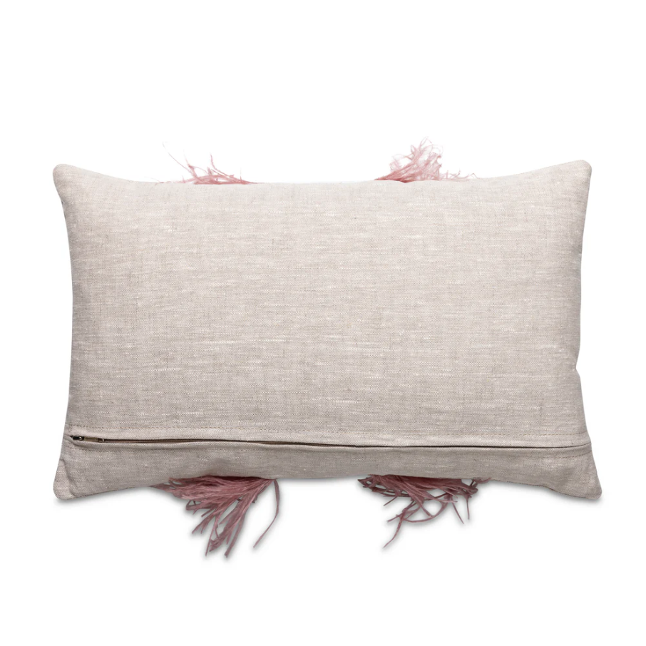 Ostrich Trim Linen Lumbar Pillow, Blush Natural - 13 Hub Lane   |  Ostrich Lumbars