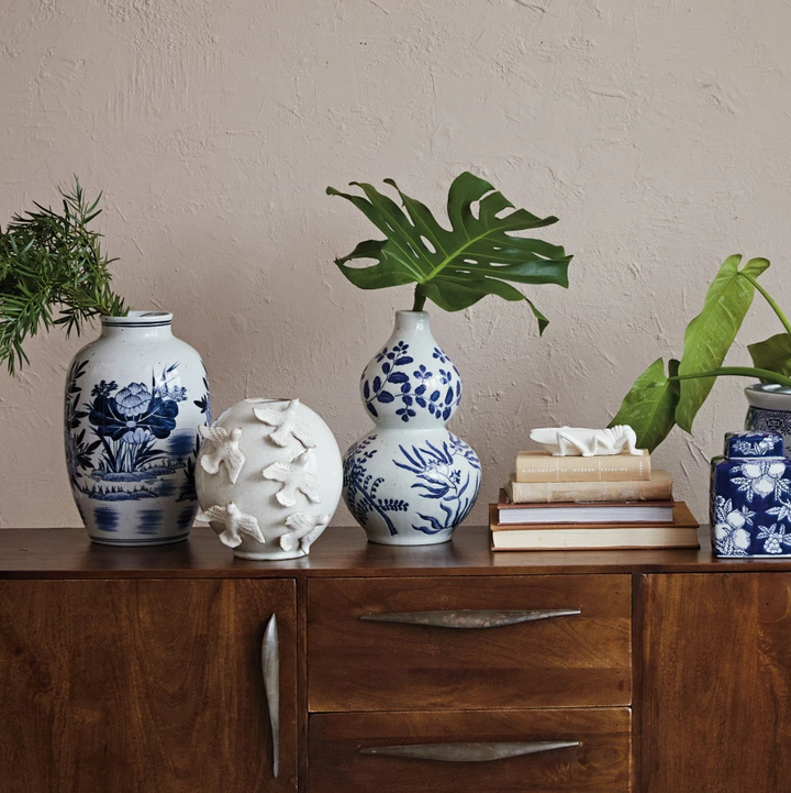 Blue & White Botanical Hand-Painted Stoneware Vase