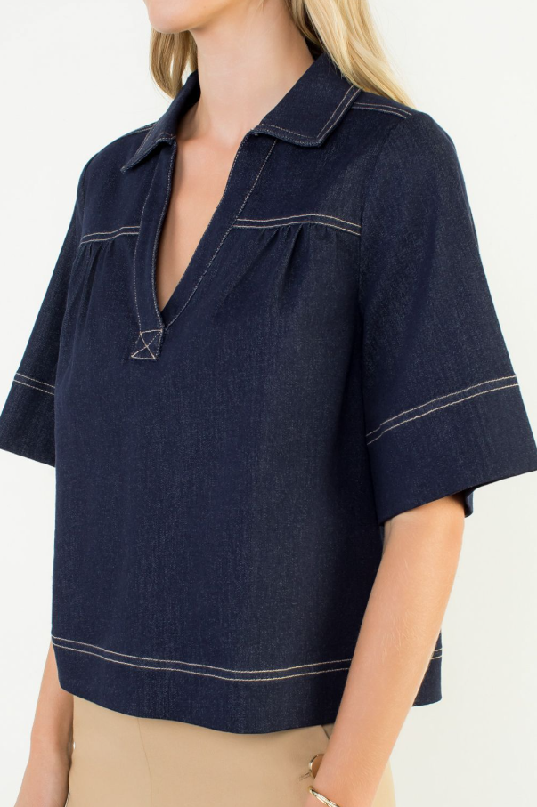 Denim V-Neck Top - 13 Hub Lane   |  Split Neck Tops