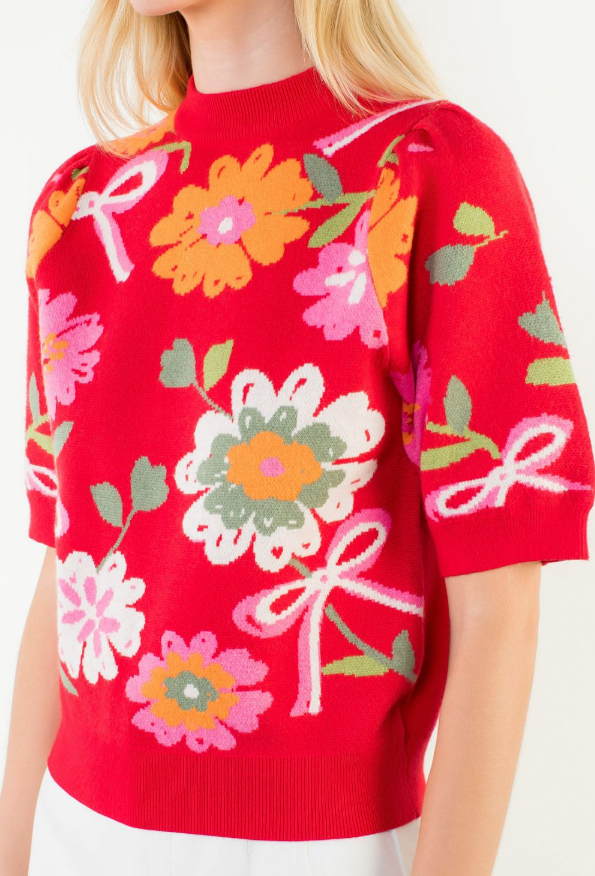 Floral Detail Knit Short Sleeve Top - 13 Hub Lane   |  Crewneck Sweaters