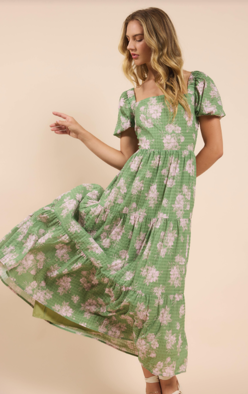 Rainy Days Tiered Maxi w/ Back Tie, Green Multi