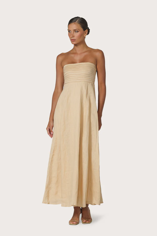 Talia Pintuck Linen Maxi Dress, Champagne