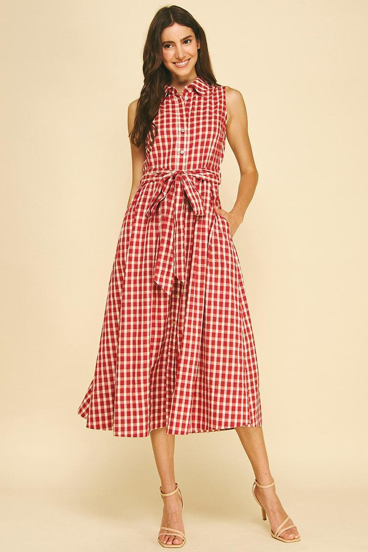 Gingham Check Button Down Midi Dress, Red