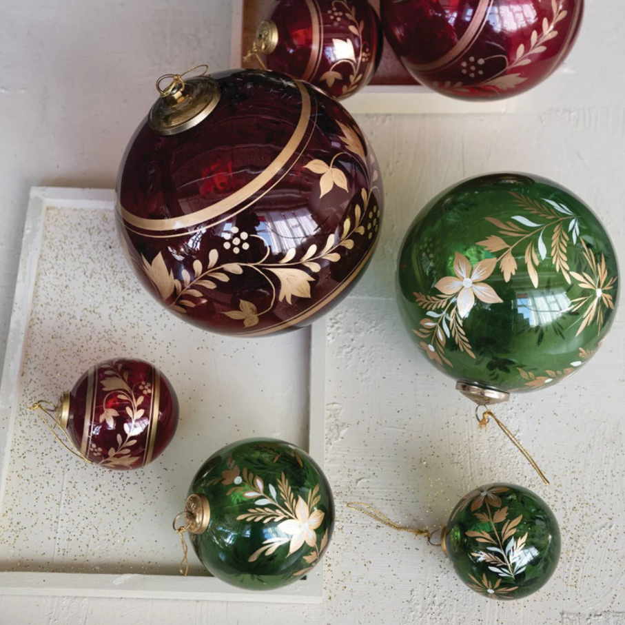Botanical Glass Ball Ornament, Green & Gold - Thumbnail 3