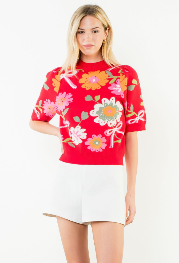 Floral Detail Knit Short Sleeve Top - 13 Hub Lane   |  Crewneck Sweaters
