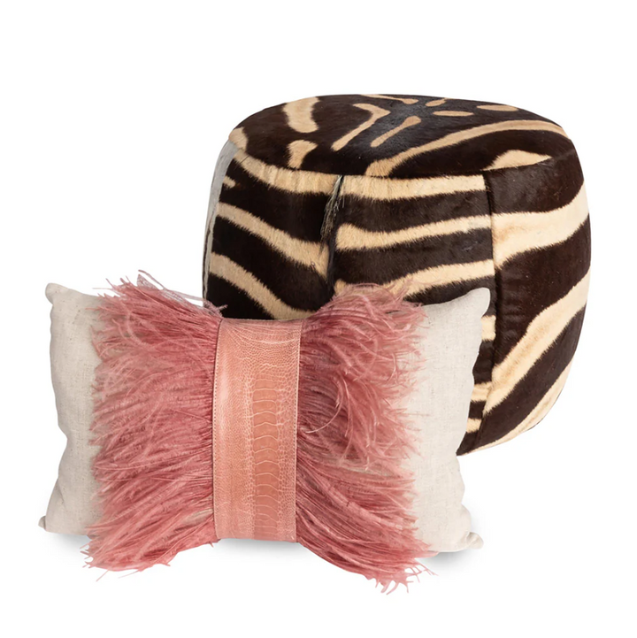 Ostrich Trim Linen Lumbar Pillow, Blush Natural - 13 Hub Lane   |  Ostrich Lumbars