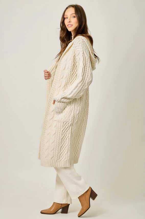 Open Long Hooded Cardigan, Almond