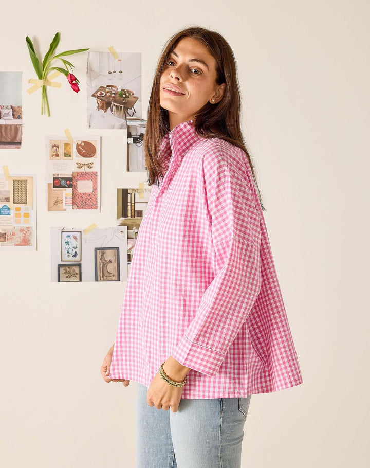 Emerson Pop Up Collar Top, Pink Gingham