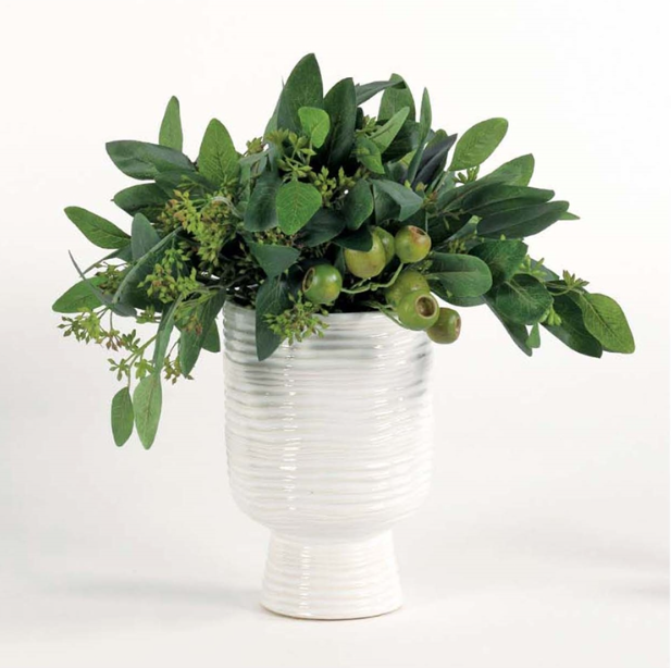 Berry Pods & Foliage in Small White Urn