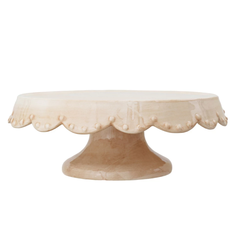 Hand-Painted Stoneware Pedestal w/ Scalloped Edge & Embossed Dots