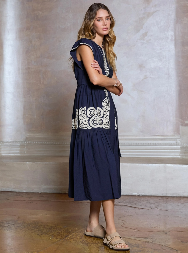 Boho Embroidery Tiered Midi, Navy