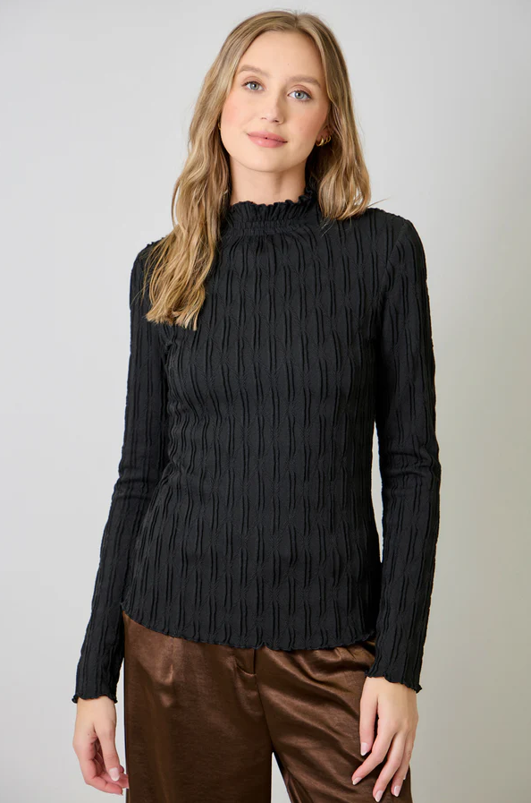 Lettuce Edge Textured Knit Top, Black