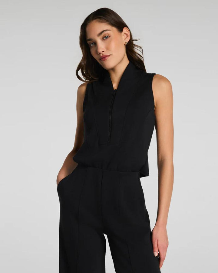 Spanx Shawl Collar Half Zip Jumpsuit, Very Black