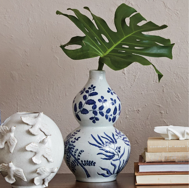Blue & White Botanical Hand-Painted Stoneware Vase - Thumbnail 3