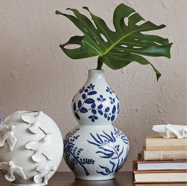 Blue & White Botanical Hand-Painted Stoneware Vase