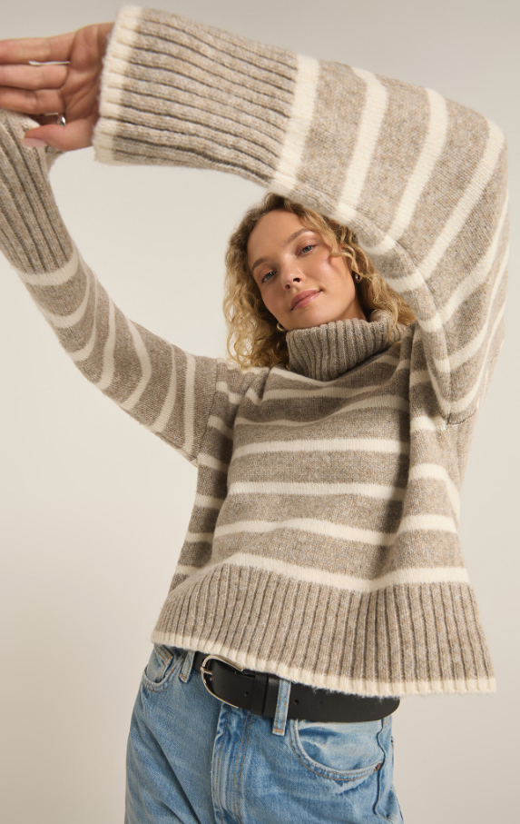 Josephine Stripe Sweater, Heather Taupe - 13 Hub Lane   |  Turtlenecks