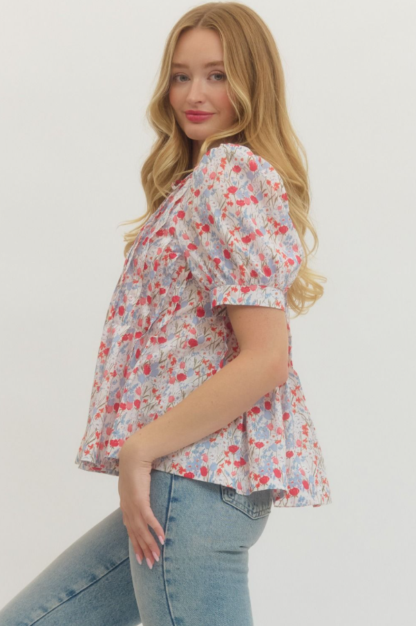 Floral Pin-Tuck Top, Blue - 13 Hub Lane   |  