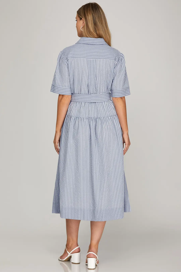 Belted Button-Up Midi, Light Blue Stripe - 13 Hub Lane   |  