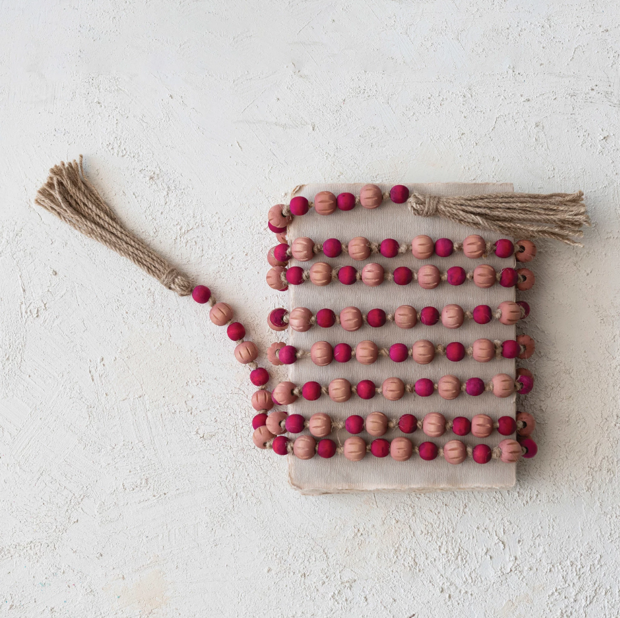 Paulownia Wood Bead Garland w/ Jute Tassels, Pink & Red