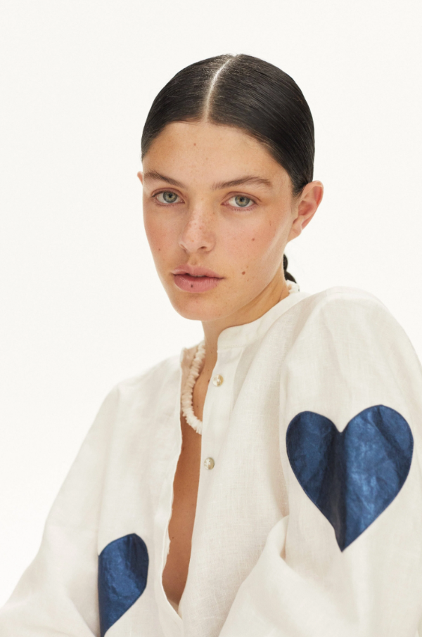 Cupid Linen Shirt, Off-White & Dark Blue - 13 Hub Lane   |  Puff Sleeve Tops
