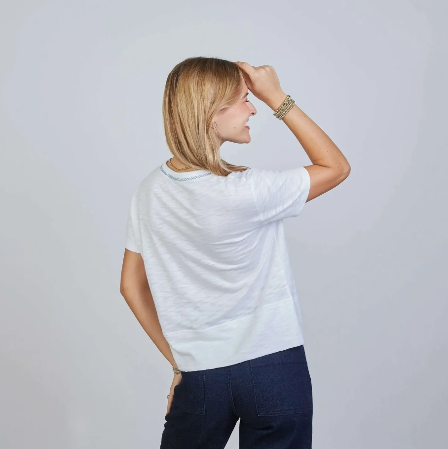 Charli Tee, White w/ Dusty Blue Stitching
