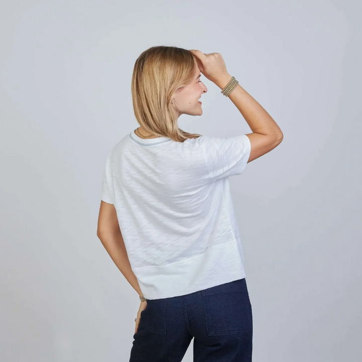 Charli Tee, White w/ Dusty Blue Stitching