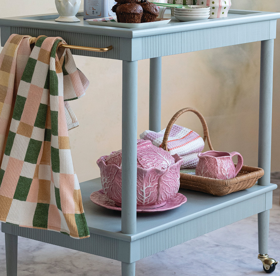 2-Tier Bar Cart w/ Gold Finish, Casters & Fluted Edge - 13 Hub Lane   |  