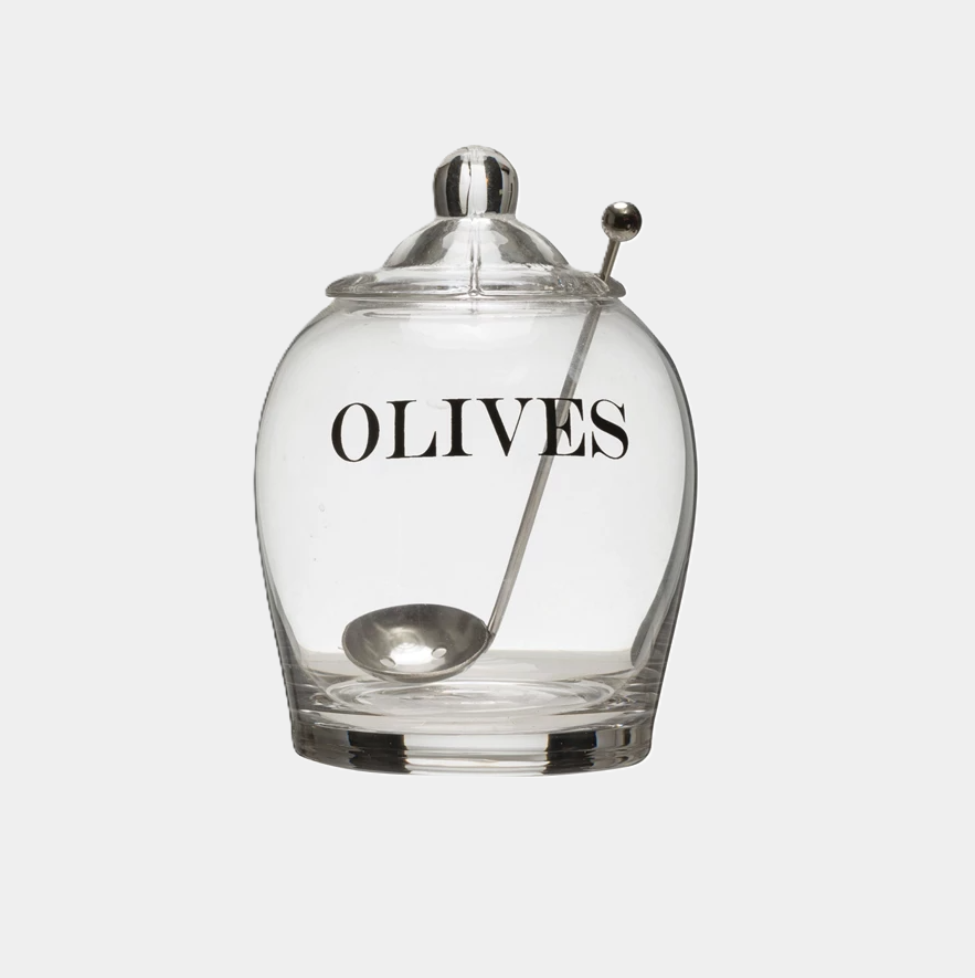 "Olives" Jar w/ Stainless Steel Slotted Spoon - 13 Hub Lane   |  Food Jars